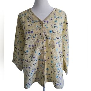 Vintage Cherokee Cottagecore Butter Yellow Floral Buttoned Blouse Large